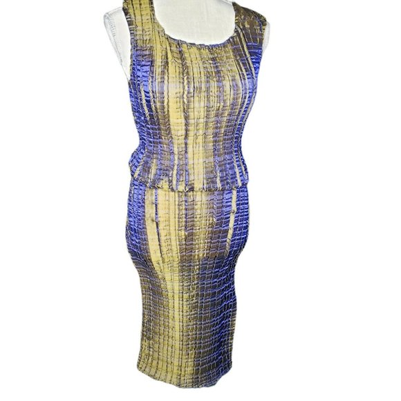 Accordion Pleated Sheath Dress M Color Change Iridescent 90s Gold Green Purple - Picture 4 of 10